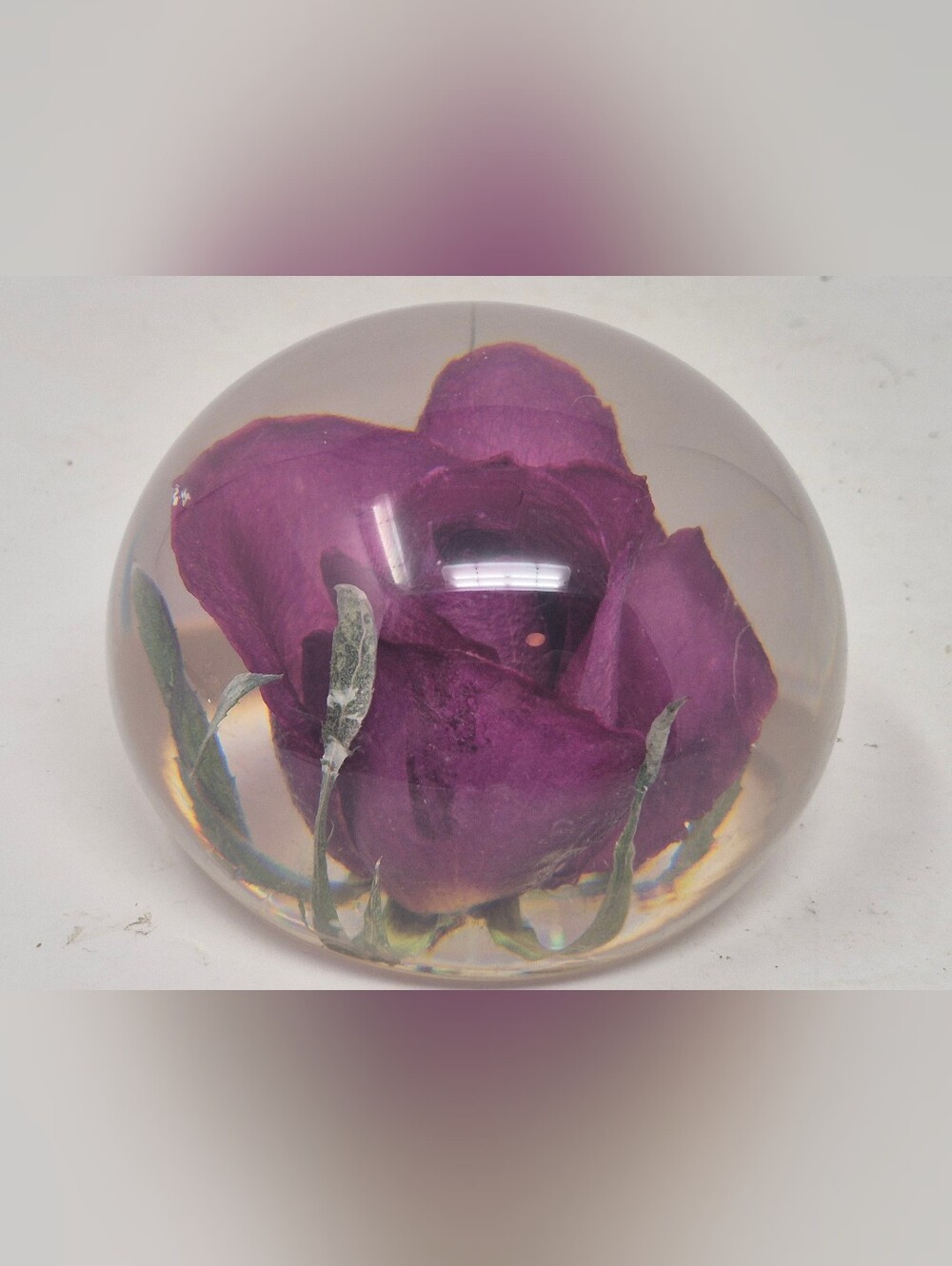 Vintage MCM Purple Rose Clear Lucite Paperweight